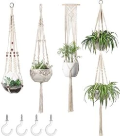 4 Stuks Plantenhangers - Boho Handgeweven Katoen Hangpot Voor Binnen/Buiten - Bloempot Met Kralen - Macramé Touw/Koord Hangplant Houder - Bohemian Wandhanger Decoratie - Verticale Tuin Plant Hanger Bloempothouder Planthanger Wit -Tuinverzorgings Winkel 1068x1200
