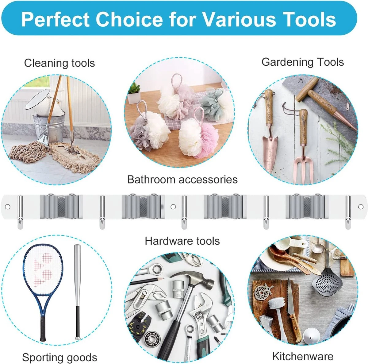 BOTC Bezemhouder - 5 Houders 6 Haken Bezem Ophangsysteem - Zeflklevend - Opbergsysteem - Ophanghaken - Tuingereedschap - Gereedschap opbergen BOTC Bezemhouder - 5 Houders 6 Haken Bezem Ophangsysteem - Zeflklevend - Opbergsysteem - Ophanghaken - Tuingereedschap - Gereedschap Opbergen -Tuinverzorgings Winkel