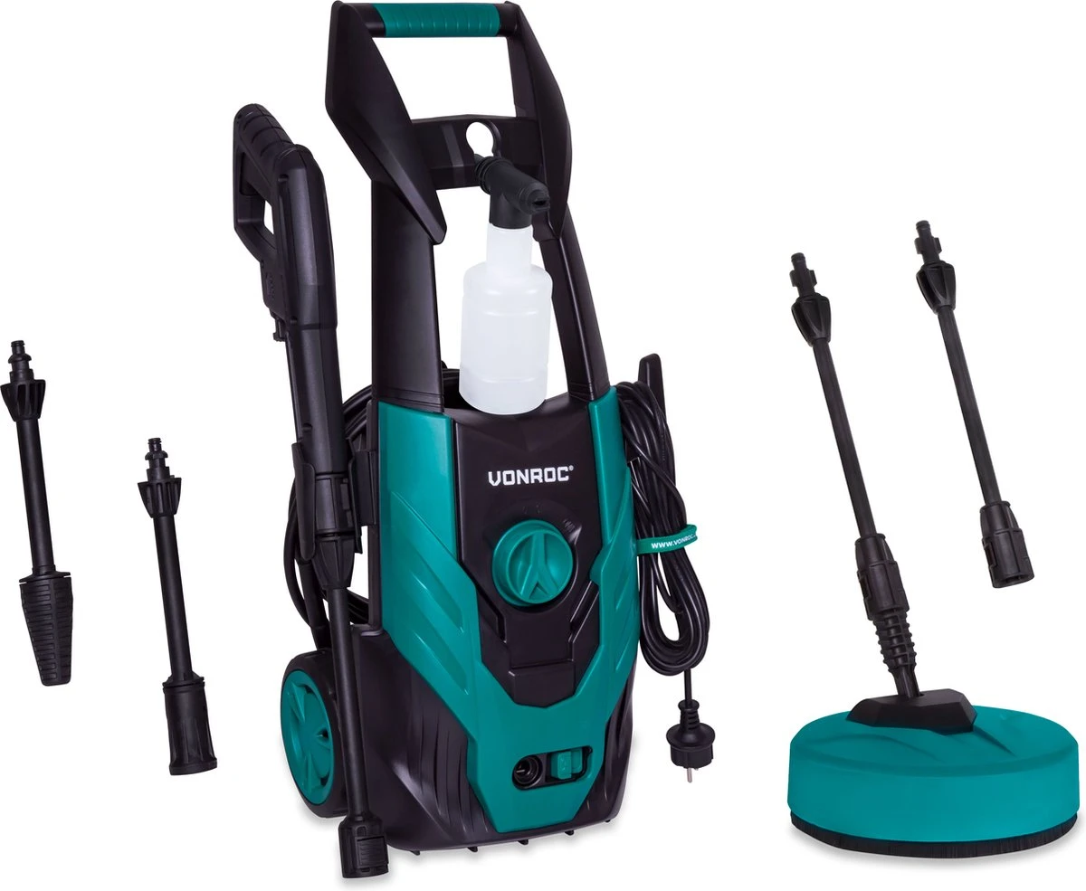 VONROC Hogedrukreiniger V14-2 - 1400W – 110 bar – 390 l/h – Incl. 5m slang, reinigingsmiddelen flesje, terrasreiniger en meer VONROC Hogedrukreiniger V14-2 - 1400W – 110 Bar – 390 L/h – Incl. 5m Slang, Reinigingsmiddelen Flesje, Terrasreiniger En Meer -Tuinverzorgings Winkel