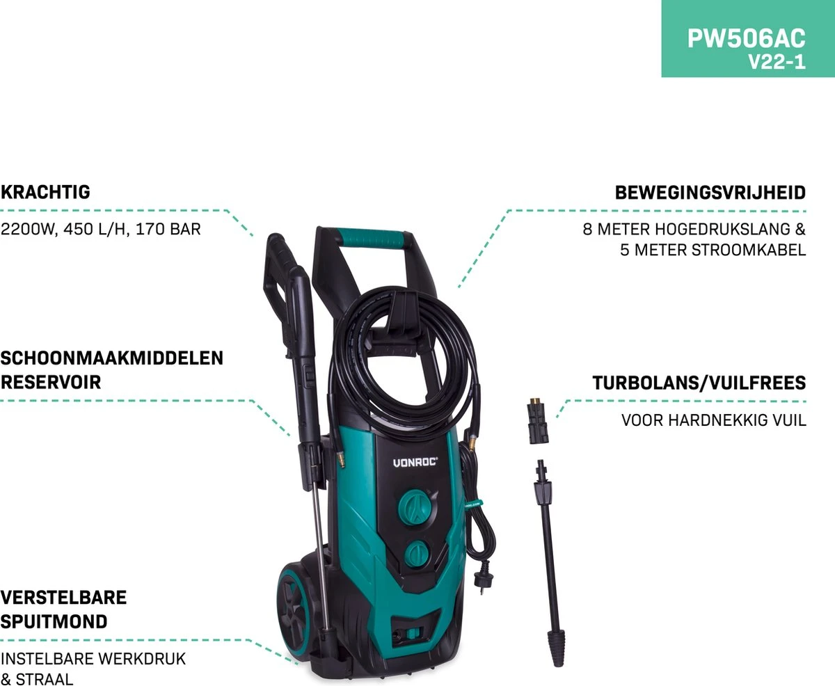 VONROC Hogedrukreiniger V22-1 2200W – 170 bar – 450 l/h – Incl. 8m slang, reinigingsmiddelen tank, spuitstukken en accessoires VONROC Hogedrukreiniger V22-1 2200W – 170 Bar – 450 L/h – Incl. 8m Slang, Reinigingsmiddelen Tank, Spuitstukken En Accessoires -Tuinverzorgings Winkel