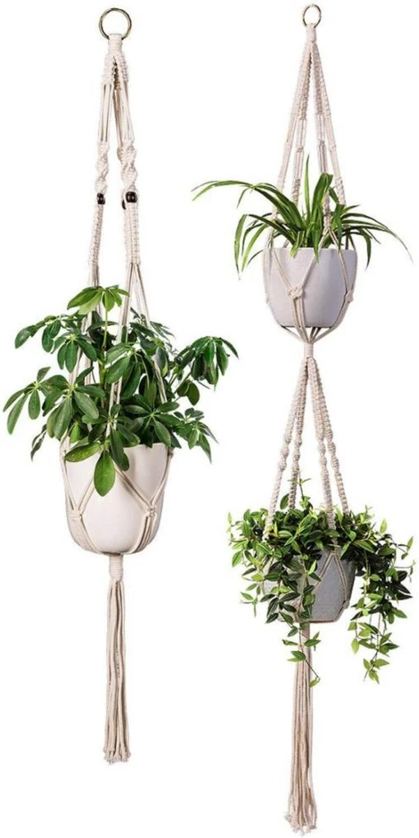 Plantenhanger Macrame Set van 2 - Plantenhanger met ruimte voor 3 Potten - Luxe Gevlochten Touw 100% Katoen - Duurzaam - Plantenbakken - Bloempotten - Macramé Stijl Hanger voor Bloempotten - Hangpot - Fienosa Plantenhanger Macrame Set Van 2 - Plantenhanger Met Ruimte Voor 3 Potten - Luxe Gevlochten Touw 100% Katoen - Duurzaam - Plantenbakken - Bloempotten - Macramé Stijl Hanger Voor Bloempotten - Hangpot - Fienosa -Tuinverzorgings Winkel
