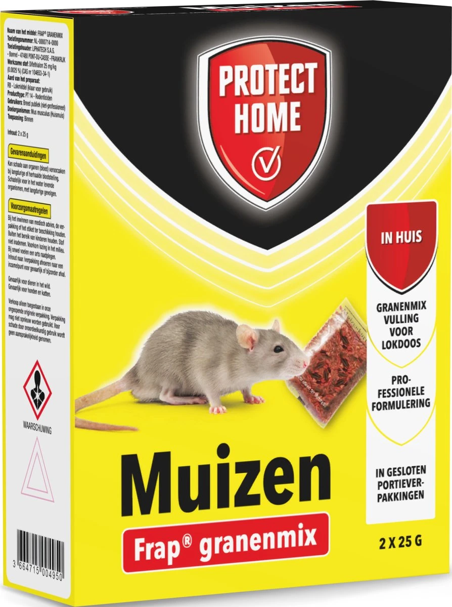 Protect Home Frap Granenmix tegen Muizen - 2 x 25 Gram - Muis Bestrijdingsmiddel - Lokaas Muizenkorrels voor Huismuizen - Professionele Formulering - In Portieverpakking Protect Home Frap Granenmix Tegen Muizen - 2 X 25 Gram - Muis Bestrijdingsmiddel - Lokaas Muizenkorrels Voor Huismuizen - Professionele Formulering - In Portieverpakking -Tuinverzorgings Winkel